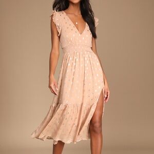 Cause to Celebrate Mauve and Silver Ruffled Tiered Midi Dress